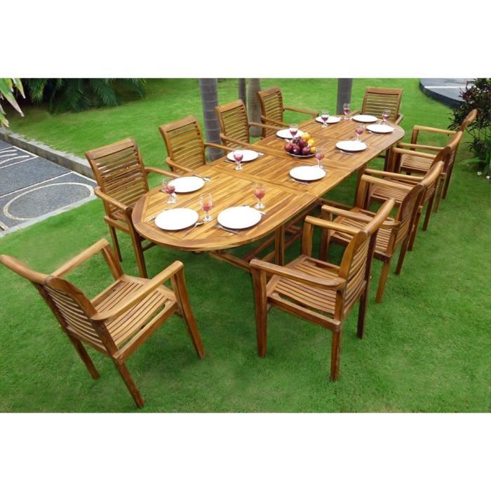 Salon de Jardin en Teck Table 3 mètres 10 fauteuils empilables