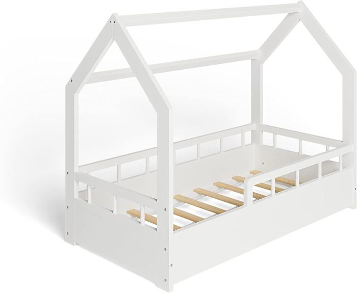 MS FACTORY Lit Enfant Bébé Maison 70x140 cm - Lit en Massif Cabane - Style Scandinave - Blanc Demi-barrières