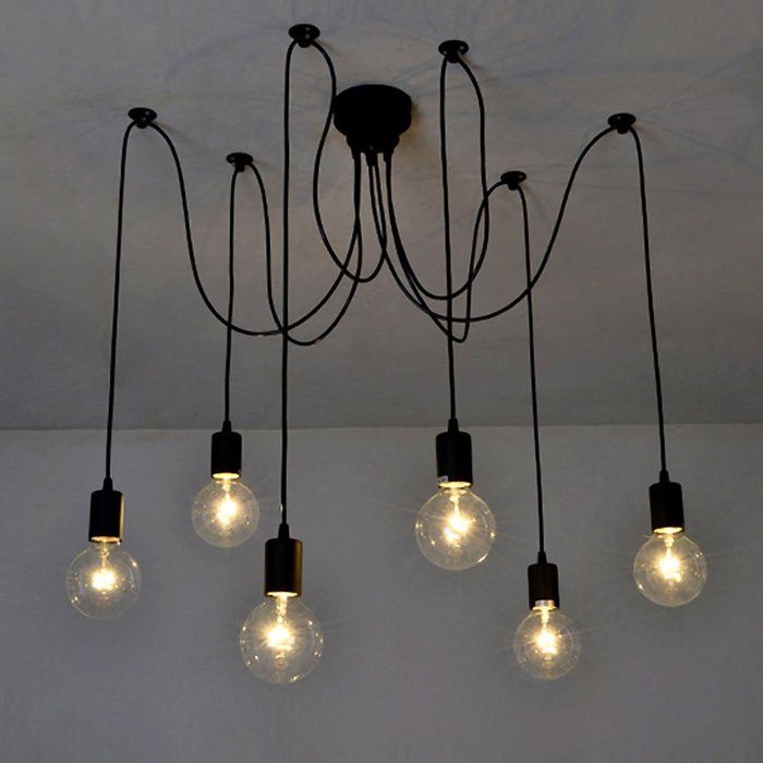 SNOGOLD Lustre Suspension Araignee Rétro Industriel 6 Lumières E27 Luminaire pour Salon Chambre DIY Corde 2m Ajustable Noir