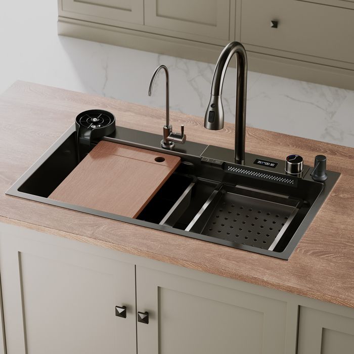 Évier Cuisine-SIRHONA-Évier Inox Noir Multifonctionnel à Encastrer Avec Robinet Rétractable & Affichage de la Température 80x45cm
