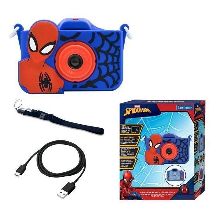 Lexibook - Appareil photo enfant avec protection - 4 en 1 - Spiderman - Carte mémoire 8go - Étui - Photo Vidéo MP3 jeux