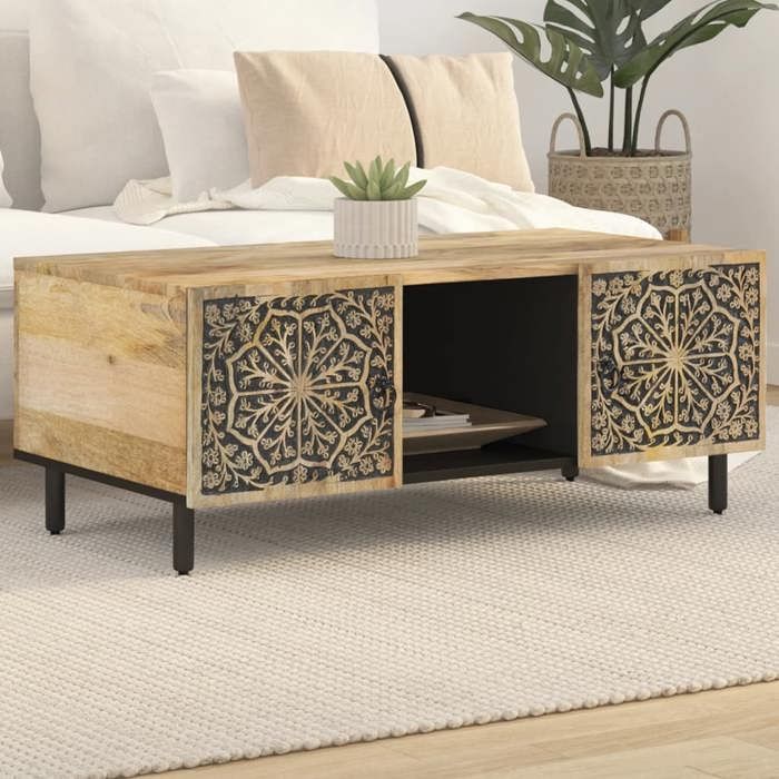vidaXL Table Basse Table dAppoint avec Pieds et Portes Bout de Canapé Meuble de Rangement Salon Rétro Bois de Manguier 358224