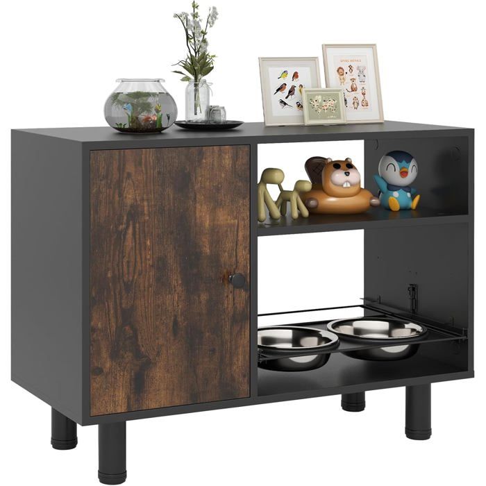 Meilleurs prix pour GYMAX Meuble Porte Gamelle & Rangement de Nourriture pour Grand Chien Chat, avec Armoire, 3 Étagères, Plateau Coulissant, 2 Bols