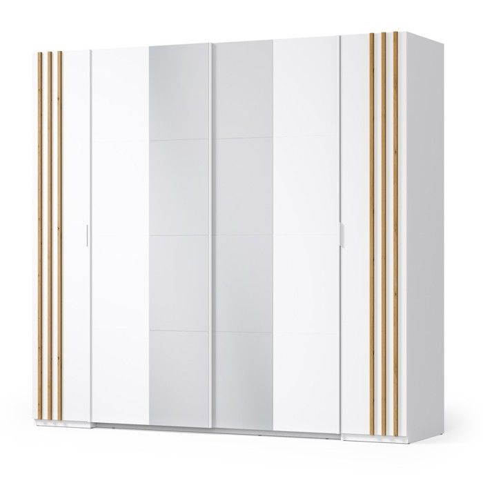 Armoire FLORENCE – Blanc et chêne – 2 portes coulissantes + 2 battantes – L218 cm – 10 étagères Armoire FLORENCE – Blanc et chêne – 2 portes coulissantes + 2 battantes – L218 cm – 10 étagères