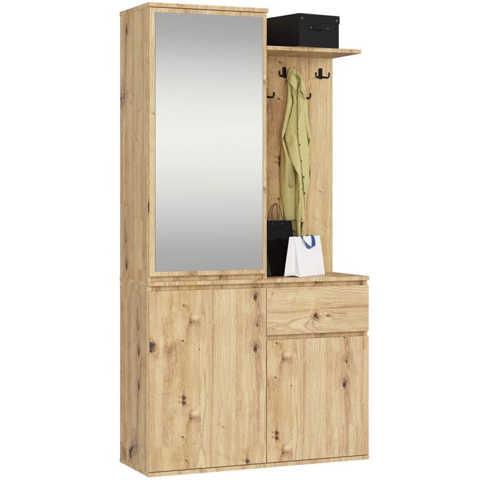 Ensemble de meubles dentrée ENTRO Chêne Artisan avec armoire et miroir 95 cm 3 portes 1 tiroir 7 étagères 95x35x183 cm Ensemble de meubles dentrée ENTRO Chêne Artisan avec armoire et miroir 95 cm 3 portes 1 tiroir 7 étagères 95x35x183 cm