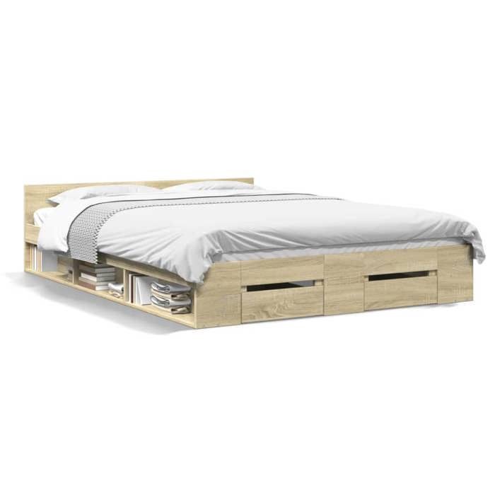 Lit 2 personnes - UU - Cadre de lit - avec tiroirs - matelas non inclus - chêne sonoma 140x190 cm - desgin classique - LL5100