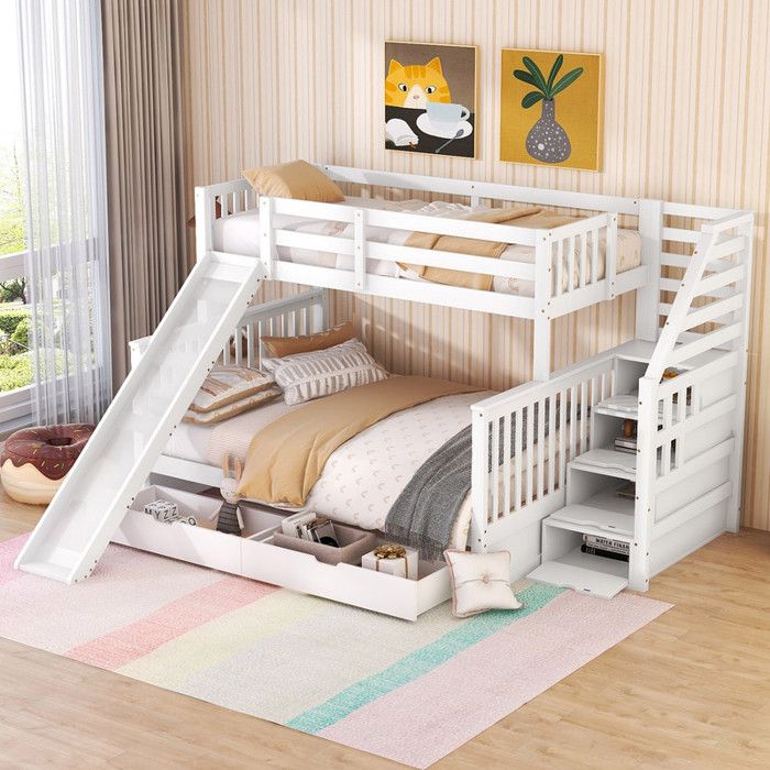 Lit Superposé - 90x200 cm +140x200 cm Lit Enfant avec Tiroirs Espace de Rangement et Toboggan Multifonctionnel Sans Matelas Blanc