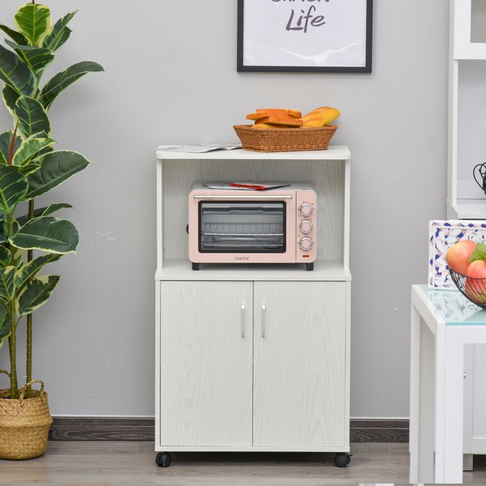 Meuble Cuisine Roulant Micro-Ondes Rangements Plateau Placard Blanc