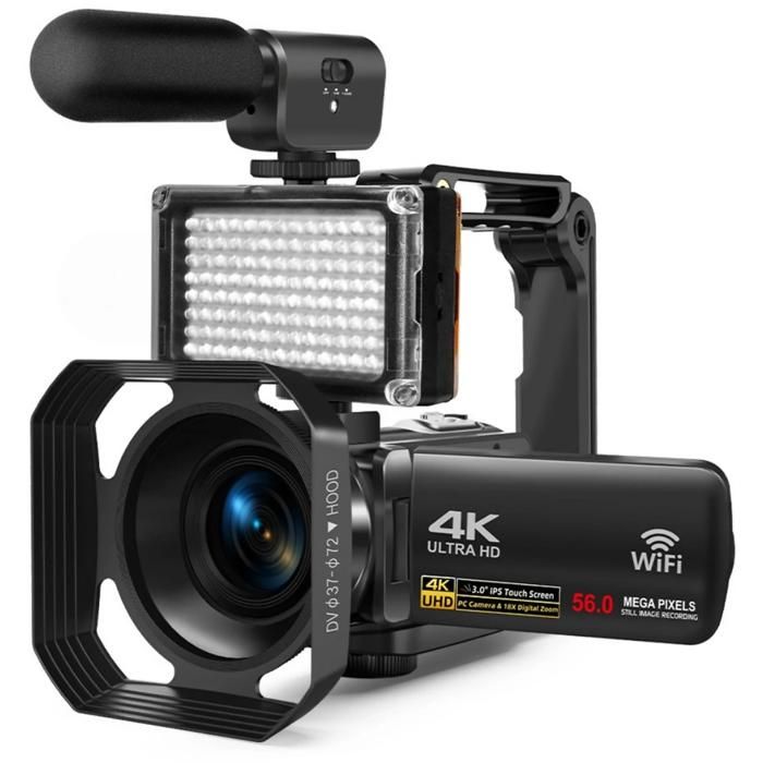Caméra vidéo numérique 4K/30FPS 56 Mpx écran HD 3 zoom numérique 18x vision nocturne Wi-Fi USB/HDMI noir