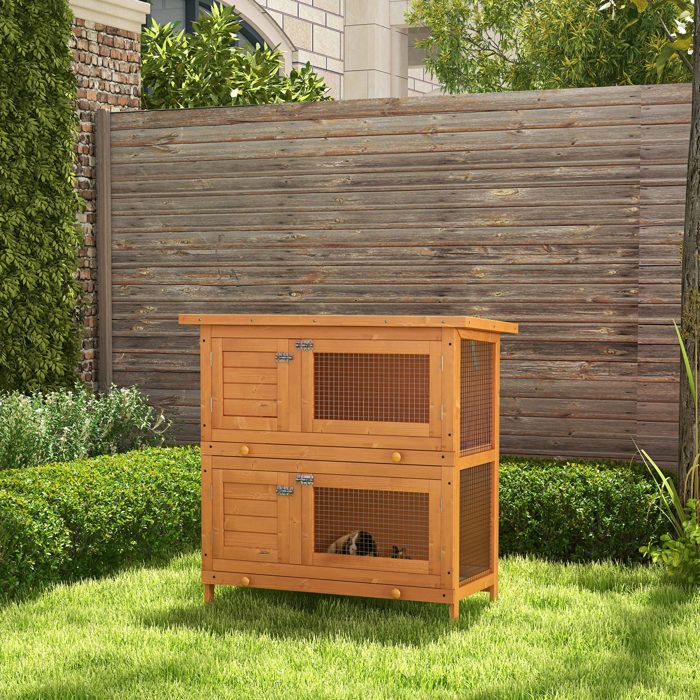 Clapier lapin cage à lapin double niveau plateaux coulissants 4 portes verrouillables toit ouvrant 90L x 45l x 90H cm
