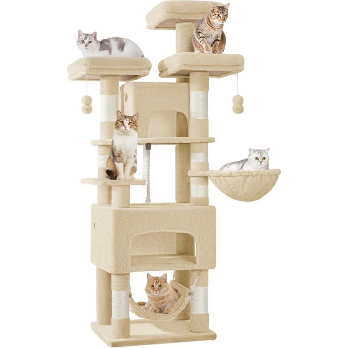 Comparer les prix de Grand Arbre à Chat Hauteur 176 cm XL Tour de Jeux pour Chats Intérieur avec 7 Griffoirs 3 Plateformes 2 Niches Hamac Beige