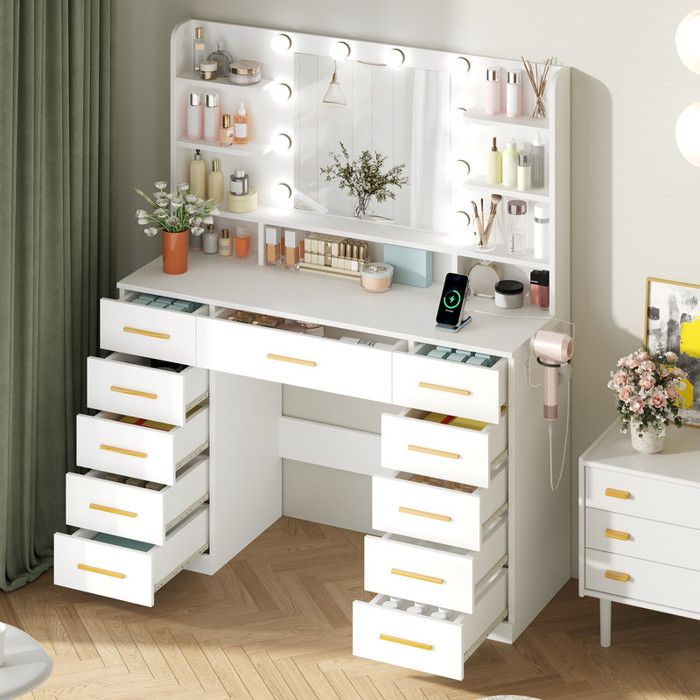 BEWISHOME Coiffeuse avec 11 Tiroirs 2 Ports USB et Prises Support pour Sèche-Cheveux Éclairage LED Réglable