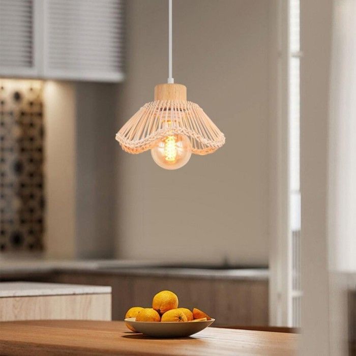 WOTTES 1 x Lustre Suspension en Bambou Tressée à la Main Abat-jour E27 Lampe suspendue en Rotin Eclairage Salon Vintage Bois