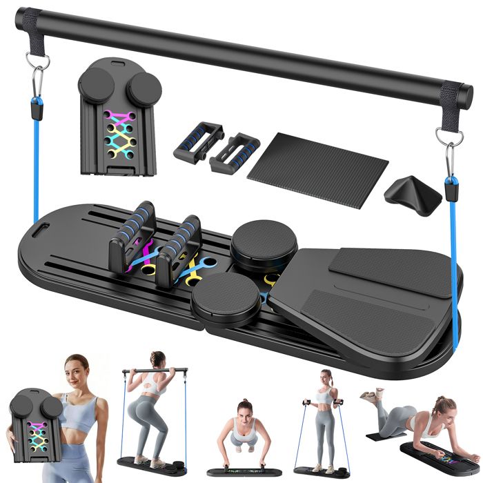 6 en 1 Planche Pilates - avec compteur - Ensemble Pilates Reformer - rebond automatique - pliable - exercices abdominaux - Noir