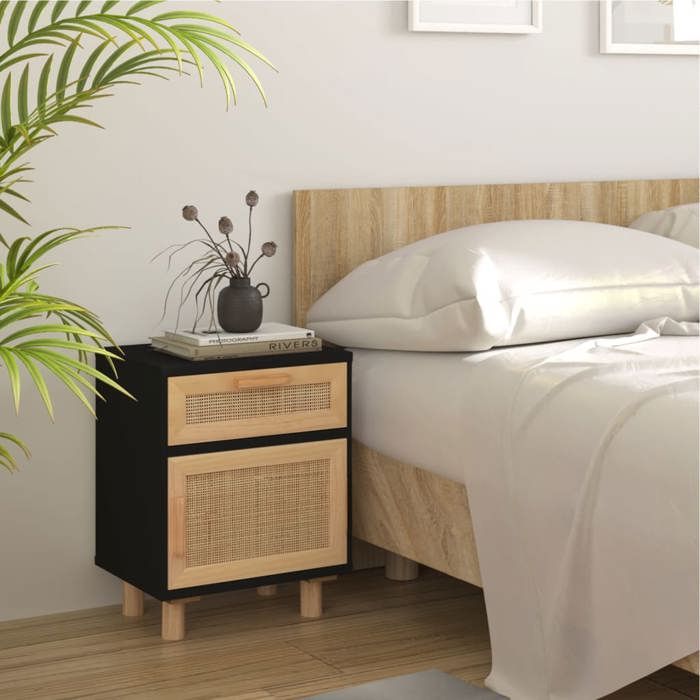 SALE 2026 Table de nuit Noir - Table de chevet Noir Bois de pin massif et rotin naturel PRO982374668