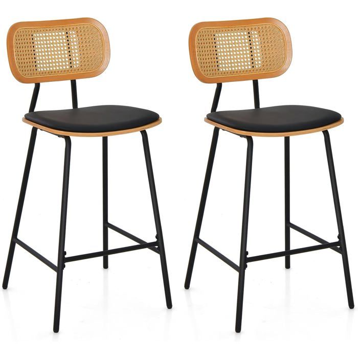 GIANTEX Tabourets de Bar Rembourrées- Lot de 2 Chaises de Bar- Dossier en Rotin- Pieds en Métal- Cuisine Salon- 45 x 45 x 94 cm