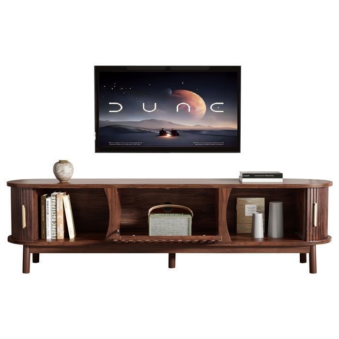 Lowboard TV Marron Meuble TV Plat avec Porte Coulissante Porte Rabattable vers Le Bas Per Jusqu’à 65 Pouces avec Pieds 165x40x46cm