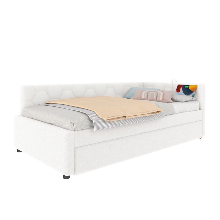 Lit Gigogne 90x200 cm Multifonction avec Tiroir et Éclairage 2 Couchages Ports USB et Type-C Blanc Imitation Laine Sans Matelas