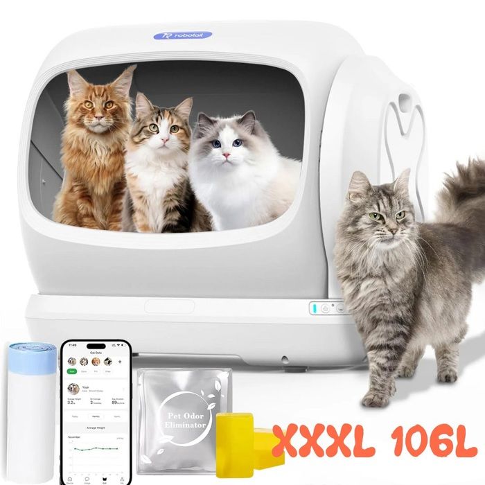 Robotail C42 Bac à Litière Automatique XXL 106l Pour Chats – Auto-nettoyant Connecté App Spécial Multi-chats