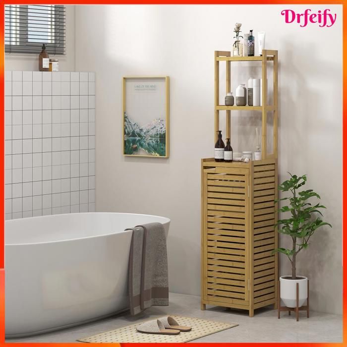 Meuble colonne de salle de bain - AKOZON - 15110 - Bambou - 3 étagères - 1 porte - 385x33x170 cm