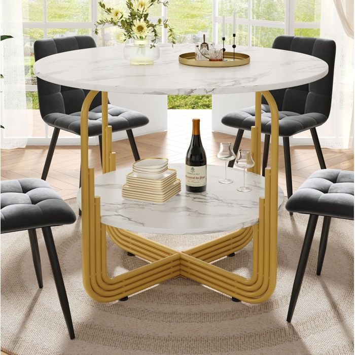 Table à manger ronde dorée L 80 x P 80 x H 76 cm plateau MDF effet marbre pieds réglables