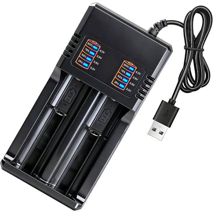 Chargeur Accu 18650 18490 18350 17670 17500 16340 14500 10440 2 Slots Li-ION 3 7V Chargeur Piles Rechargeable Universels Intelligent