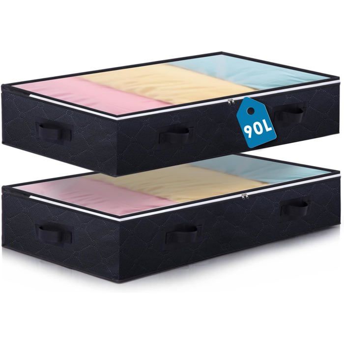 Rangement sous lit pliable - LEVYS - Lot de 2 - 90L - 100x50x18 cm - Noir - Fenêtre transparente - Tissu non tissé