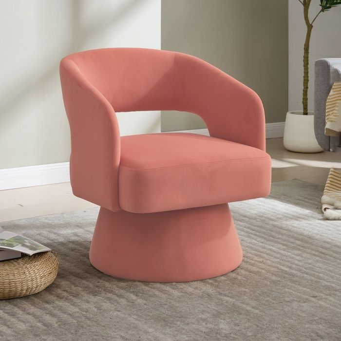 Fauteuil Pivotant Lexicon 360° - 68x66x75cm - Design Arrondi Dos Ouvert Assise Moelleuse et Base Métal - Rose Poudré