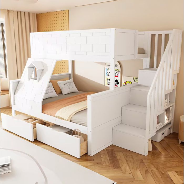 VIVRYN Lit superposé enfant  90x200/140x200 cm  2 tiroirs  escalier de rangement  bois blanc