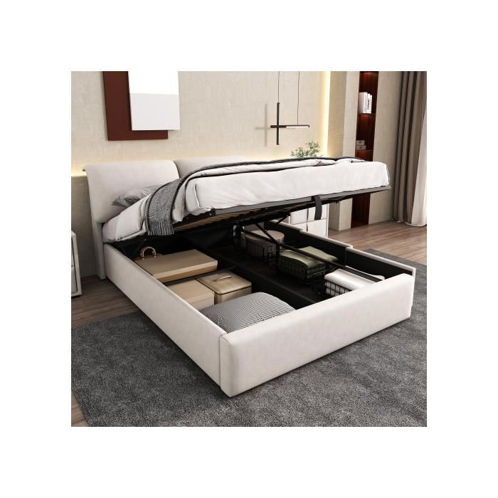 Lit coffre 140x190 cm avec tête de lit réglable 3 tiroirs en velours beige sans matelas