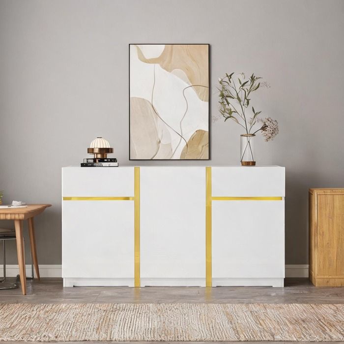 Buffet bas 3 portes 2 tiroirs rectangulaire soft white MDF et panneaux de particules laqué haute brillance avec ornements dorés