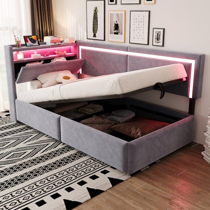 Lit canapé capitonné - Zephmum - 90x200 LED USB tête ouvrable hydraulique velours gris clair