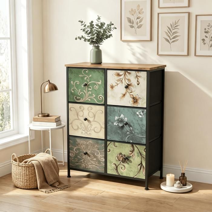 Commode Chambre 6 tiroirs Armoire de Rangement pour Salon Chambre Couloir Cadre en Métal Style rétro 67.5 x 30 x 86.5cm