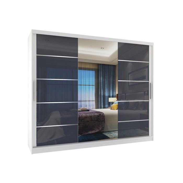 BELINI Grande Armoire 3 Portes Coulissantes VERONA MGB 232 cm - Blanc / Gris Brillant - Miroir Intégré & 4 Tiroirs - Chambre Adulte