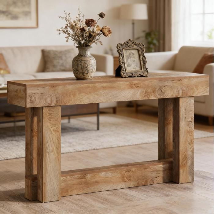 Console dentrée vintage en bois effet naturel 160 x 30 x 85 cm avec étagère inférieure