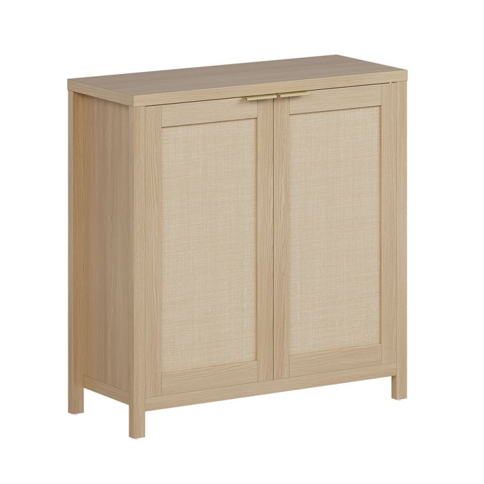 GARVEE Buffet d‘Entrée En Bois Avec Portes En Rotin–2 Tiroirs Et Étagères Réglables -87.1 × 35.3 × 135.6 cm