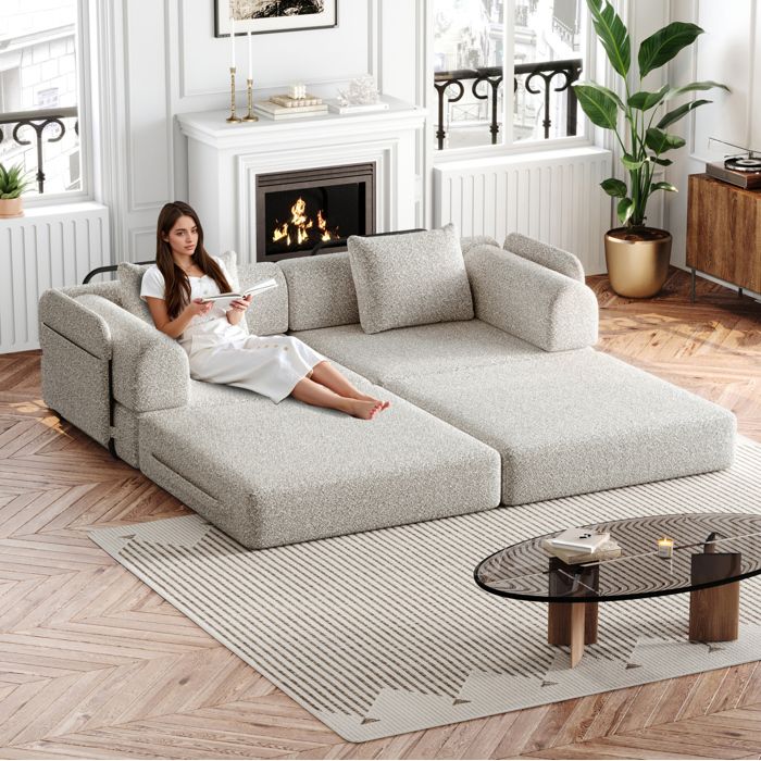 Modenuit Canapé convertible 2 places 2-en-1 en chenille kaki accoudoir avec rangement structure métallique