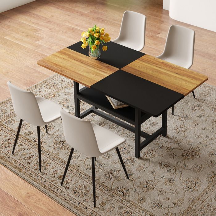 Ensemble table à manger 160 cm avec 4 chaises rangement intégré plateau MDF et structure métal ORVRYN