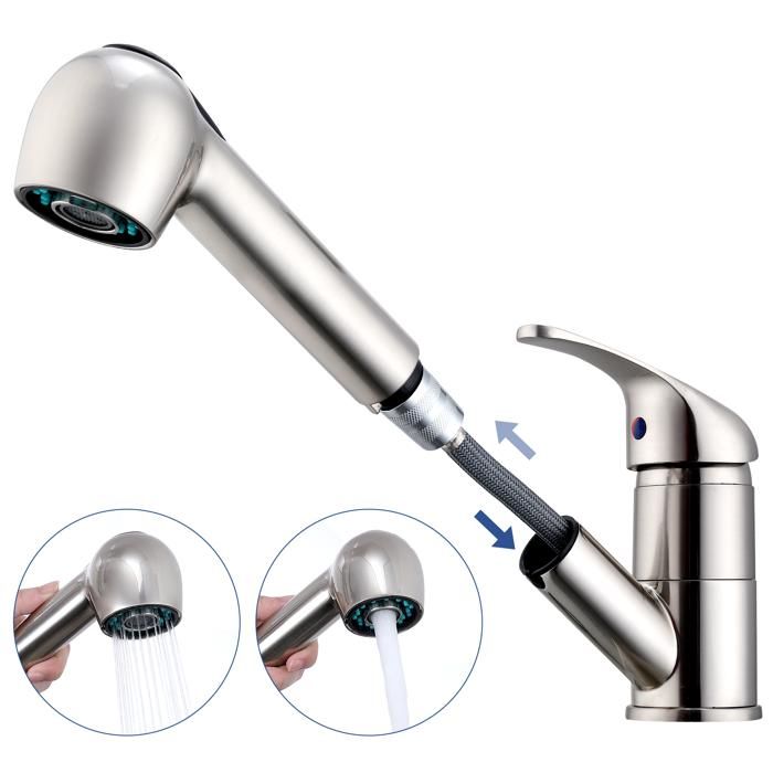 Robinet de Cuisine Bec Bas avec Douchette Extractible Mitigeur Cuisine Brossé Rotatif à 180° avec 2 Modes de Jet en Acier Inox Robinet de Cuisine Bec Bas avec Douchette Extractible Mitigeur Cuisine Brossé Rotatif à 180° avec 2 Modes de Jet en Acier Inox