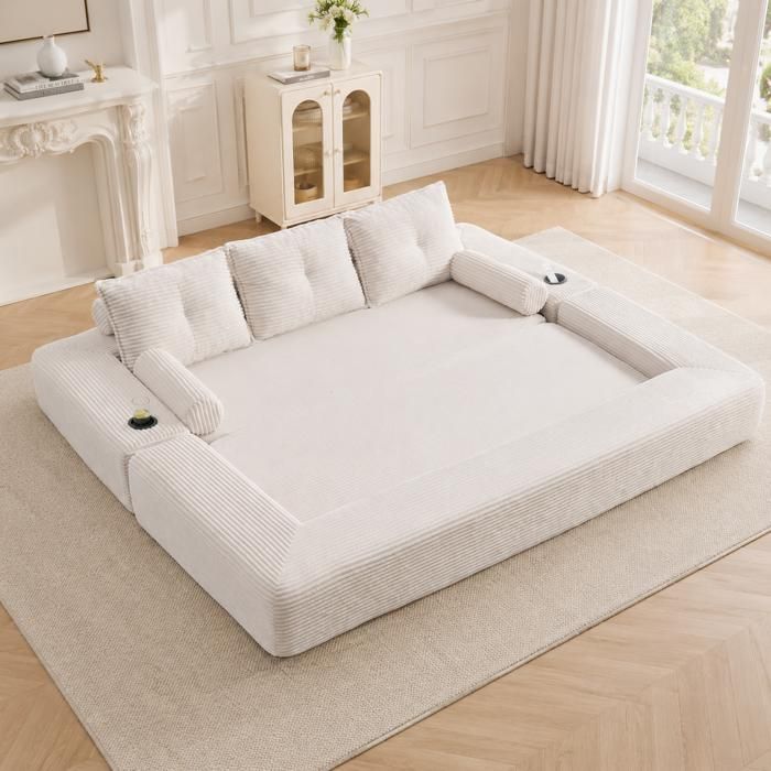 Canape-Lit 3 Places avec Poches Laterales et Porte-gobelets - TCQPZ - Accoudoirs Amovibles en Corduroy Beige