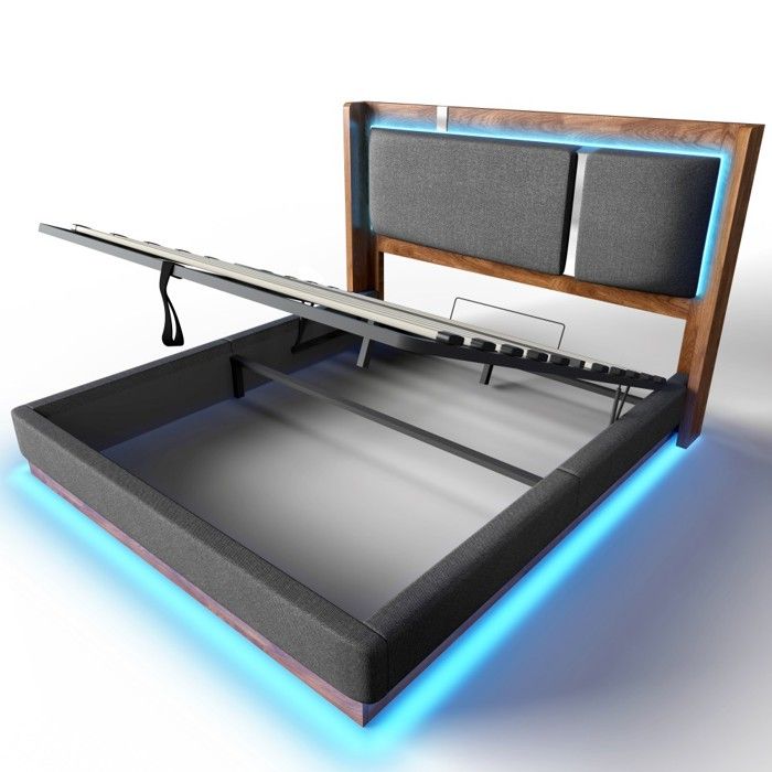 Lit double 140x200 gris lin pieds noyer tête capitonnée LED coffre hydraulique sommier lattes lit adulte confort sans matelas