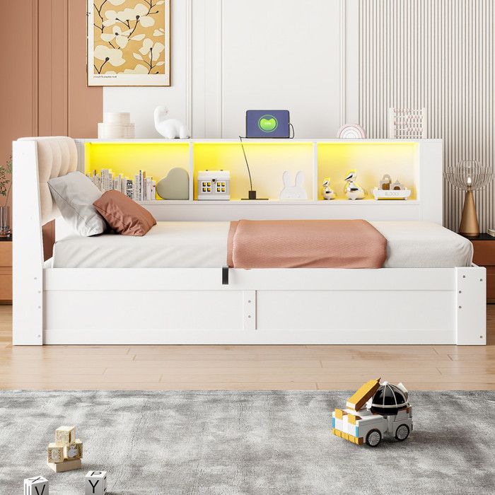 Bladez - Lit enfant 90x200 cm - Lit coffre hydraulique avec port USB et lampe LED - Lit simple avec tête de lit - Canapé-lit - Blanc
