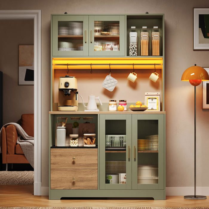 Buffet scandinaveavec éclairage LED intelligent et prises intégrées2 tiroirsportes vitréespour salle à manger110x40x178cmvert
