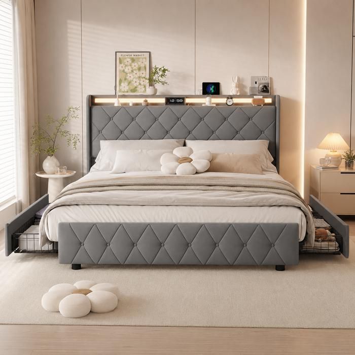 Lit double avec tiroirs 140x200 cm LED et port USB sommier à lattes rangements de tête de lit Gris