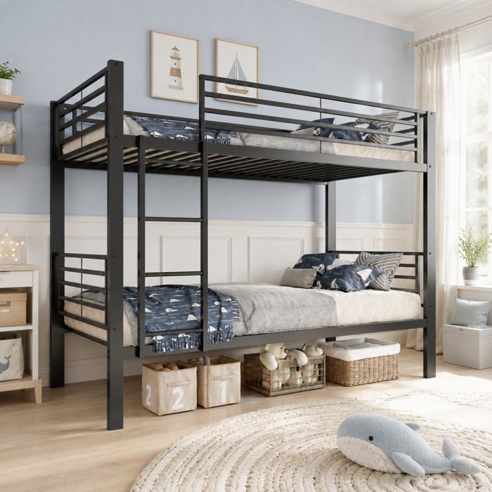 Ulsam Lit Superposé Métal Noir 2x90x200 cm pour 2 Personnes avec échelle et Garde-corps Sommier inclus