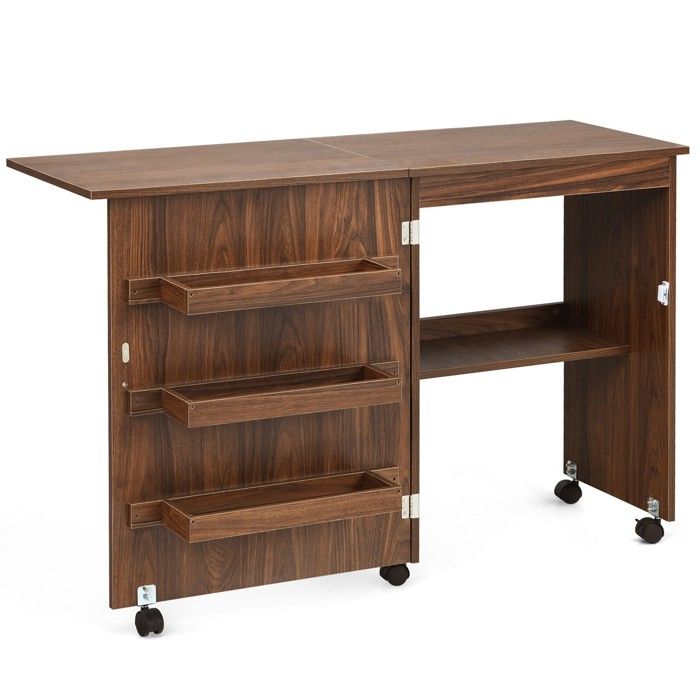 Gain de place table de couture pliante avec rangements étagère et roulettes verrouillables pour machine à coudre
