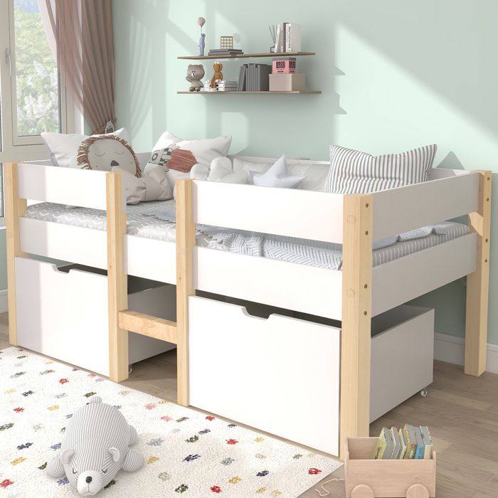 Lit mezzanine enfant blanc et chêne 90x190 cm barrière échelle et tiroir pin massif sommier 198 x 97 x 77 cm sans matelas