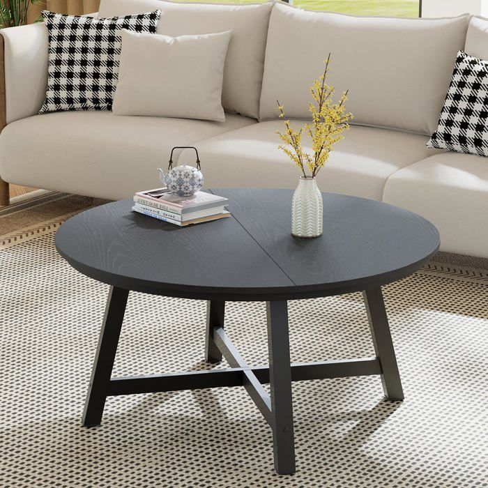 KOIOPLIE Table basse ronde 91 cm style industriel – Grand plateau effet bois – Piètement métal renforcé avec patins réglables – Noir