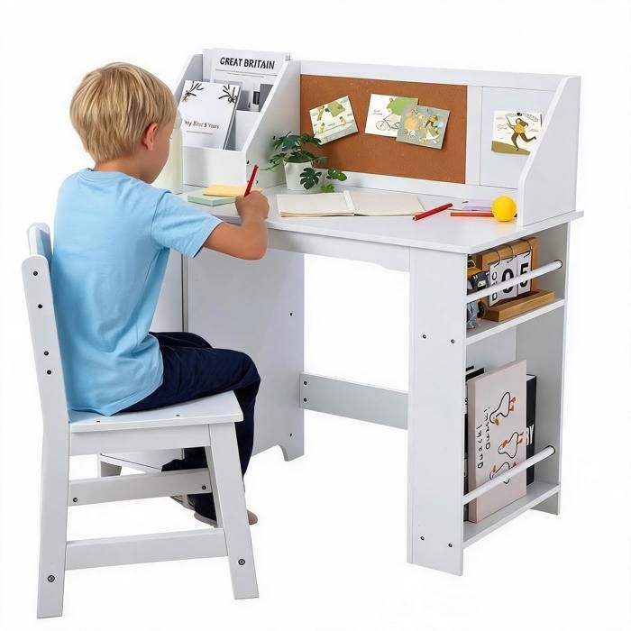 Ensemble de bureau et chaise - Bureau enfant avec chaise - Multifonctionnel - Tableau dAffichage Et Armoires - Blanc