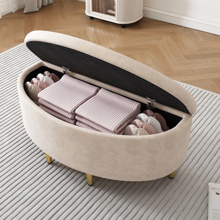 Canapé coffre beige en velours avec pieds en métal 90 x 40 x 42 cm adapté pour salon chambre couloir avec rangement